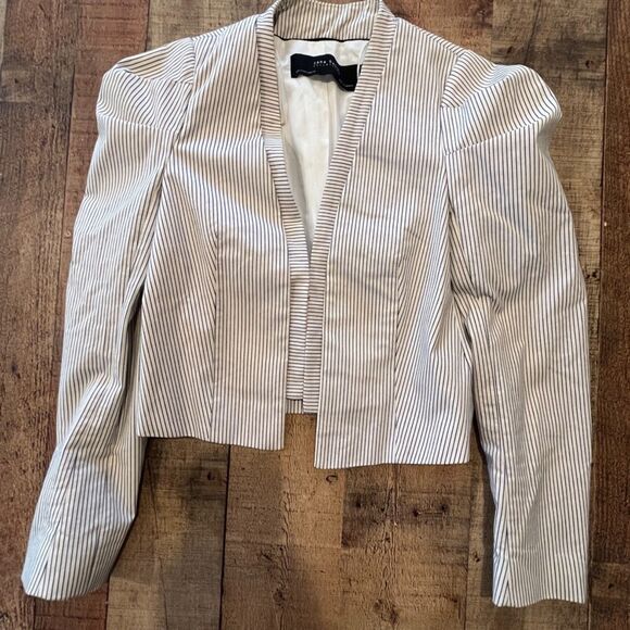 Zara Basic Collection Sm White Pin Striped Cropped Jacket Fitted Puff Shoulder - Picture 10 of 10